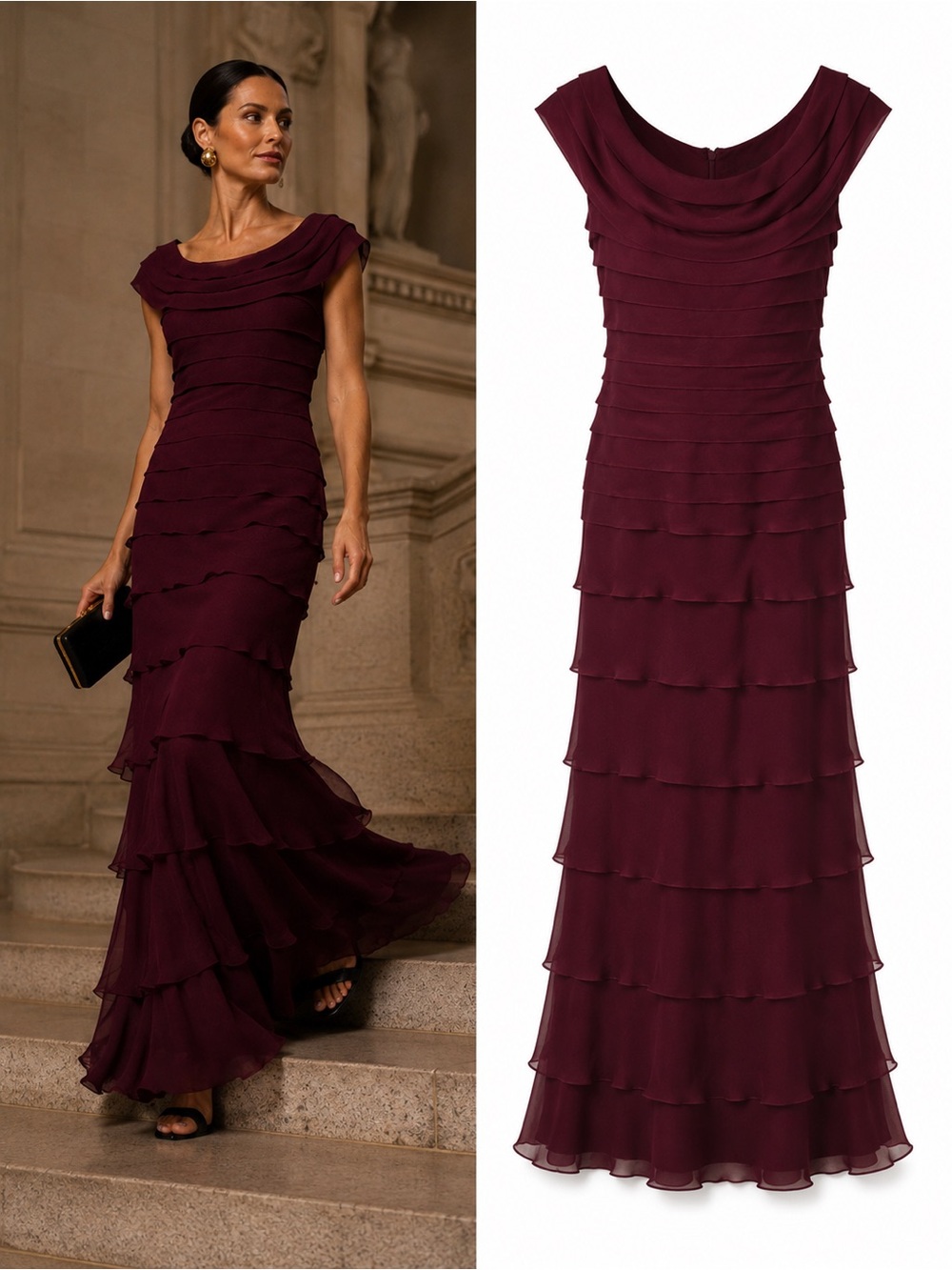 Tadashi Shoji Rosalie Wine Silk Tiered Evening Gown Dress Size 4